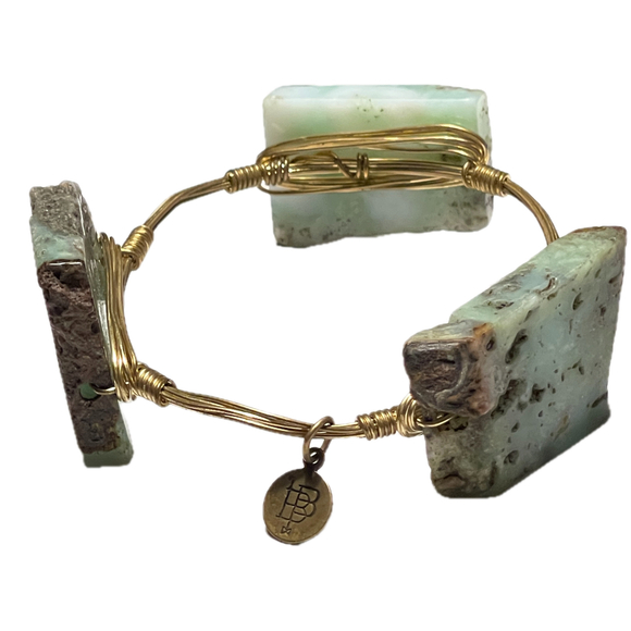 Bourbon & Bowties BB Gold Plated Wire Wrap Bangle Bracelet Green Natural Stone - Picture 1 of 11
